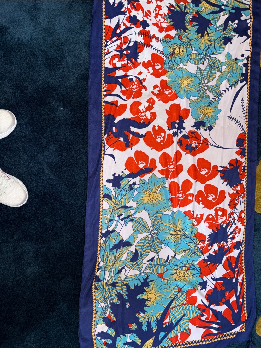 Vibrant Floral Border Scarf in Navy, Red & Teal